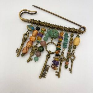 Kilt Pin Brooch Bohemian Style with Beads and Keys